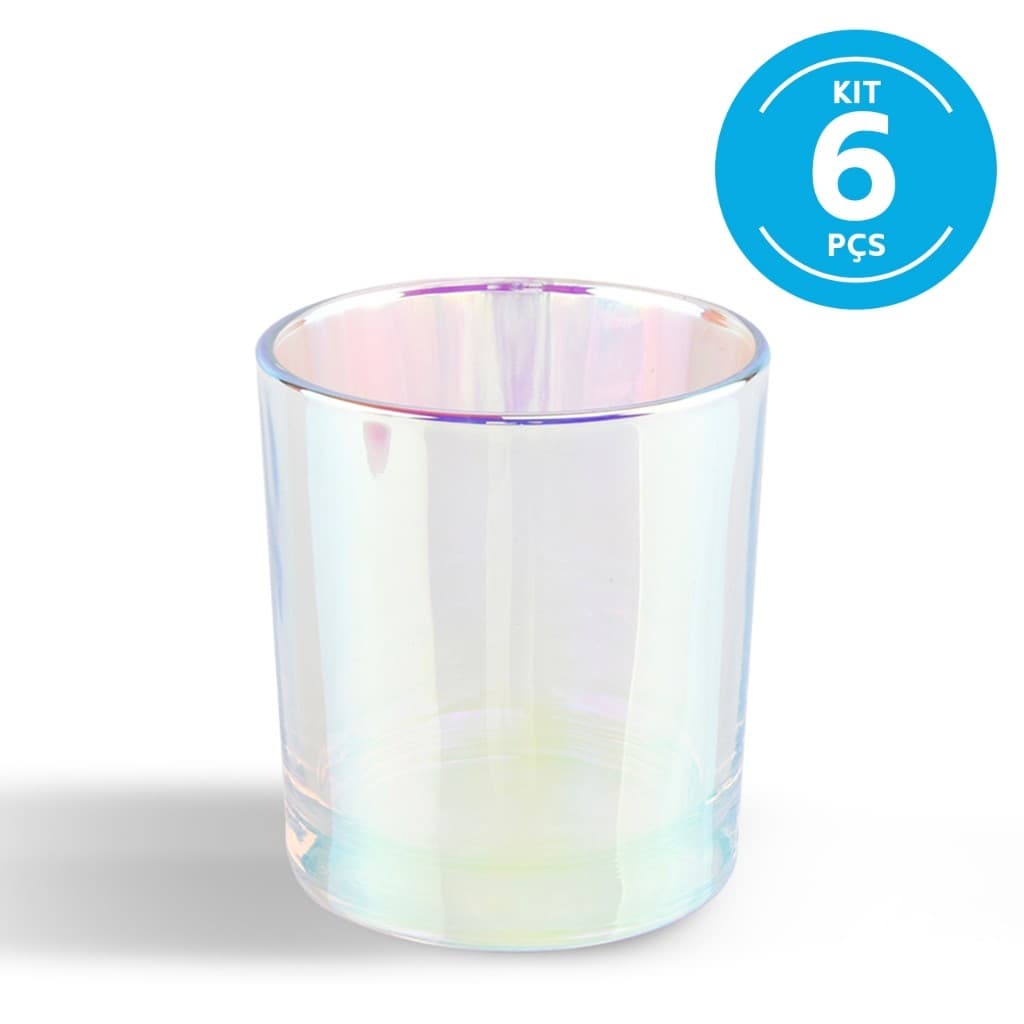 Kit Copo Vidro Iridecente Arcoiris Furtacor Vela 295ml 6 Und