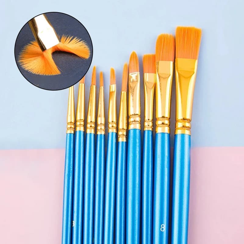 Kit 10 Pincel De Pintura Ponta Fina Redonda Chata Artesanato Tinta Acrílica Guache Aquarela Óleo Arte Tecido Infantil