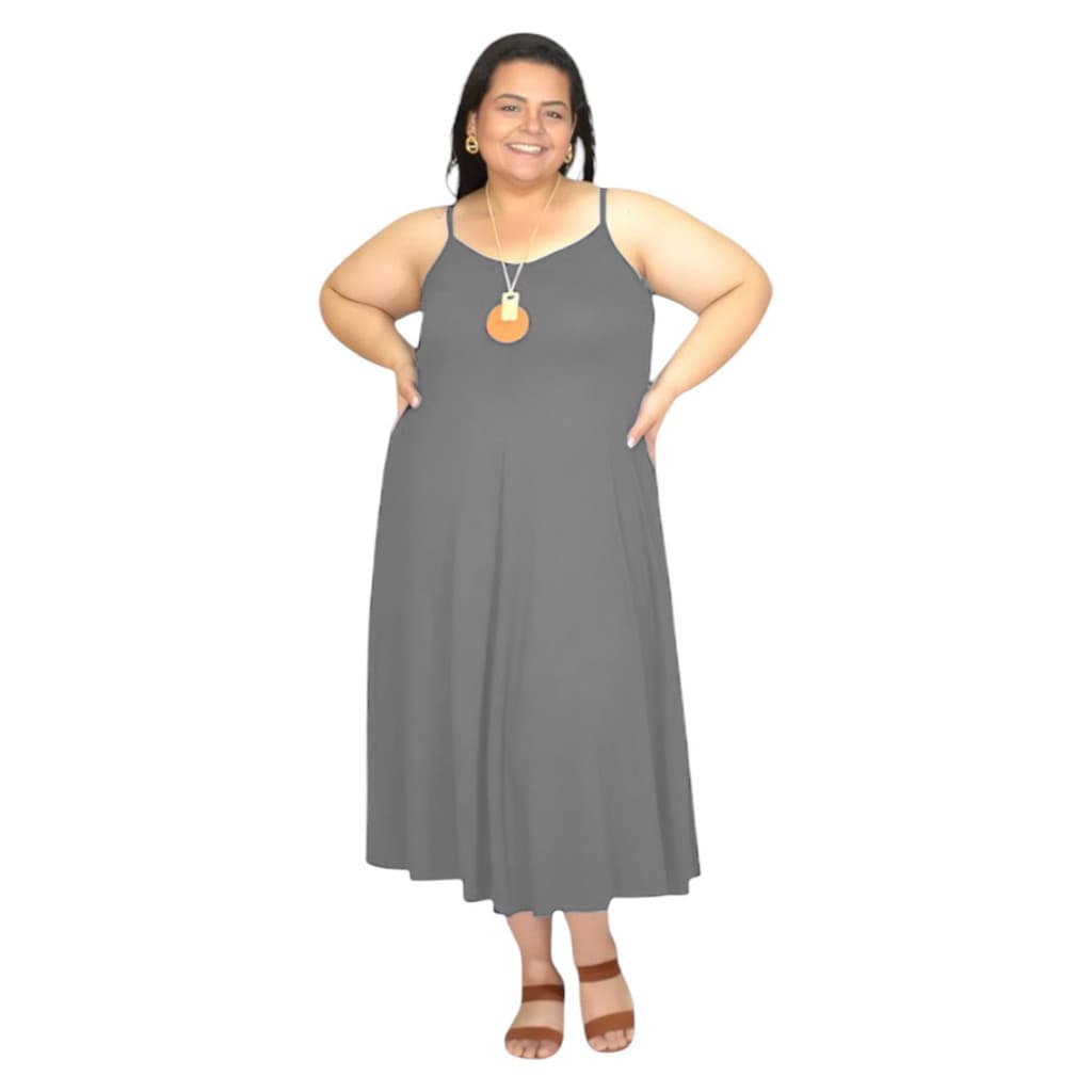 Vestido Midi Plus Size com Bolsos | Moda Evangélica Soltinho Confortável Elegante Feminino Liso