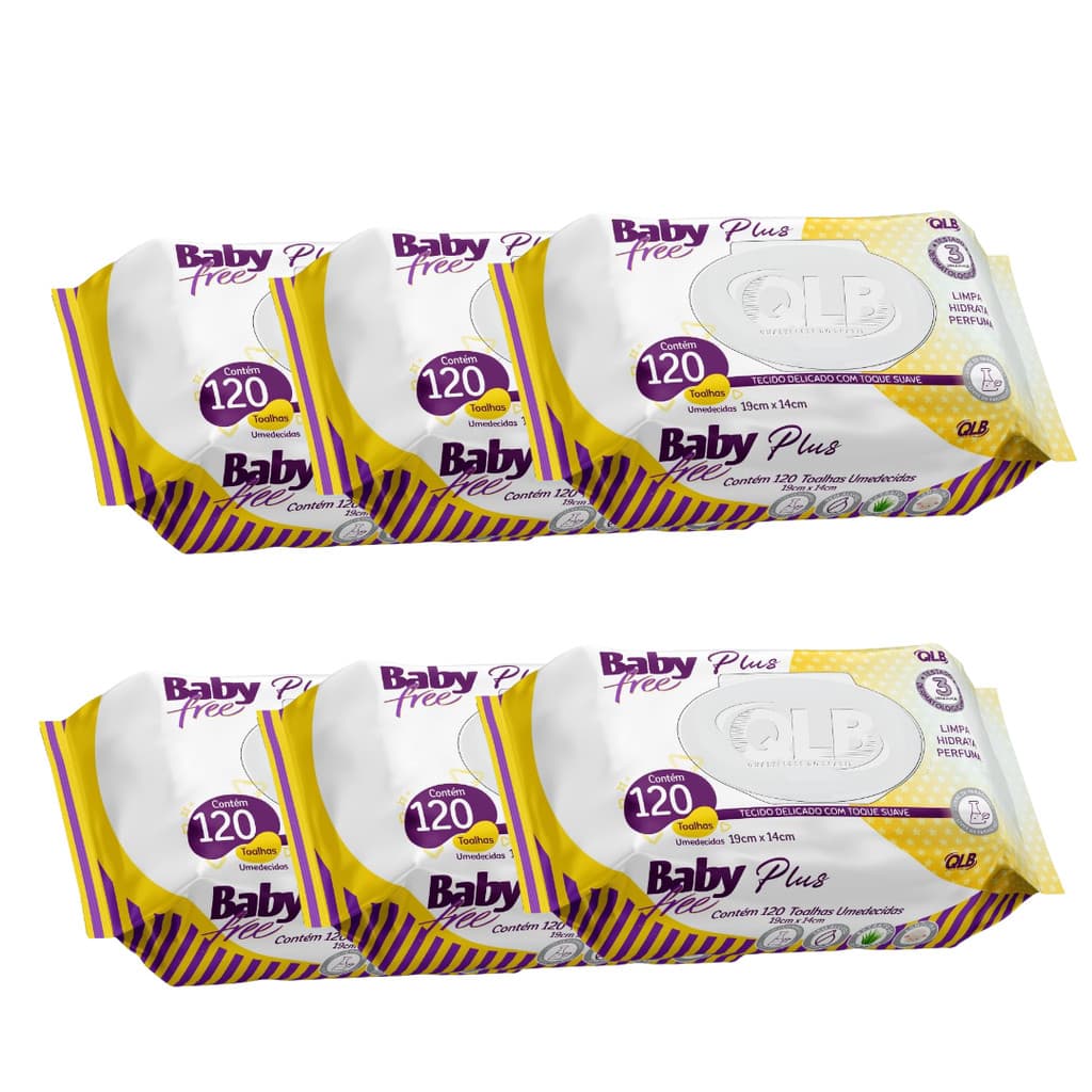 Kit com 06 unidades Toalhas Umedecidas Baby Free Plus QLB 120 unidades cada
