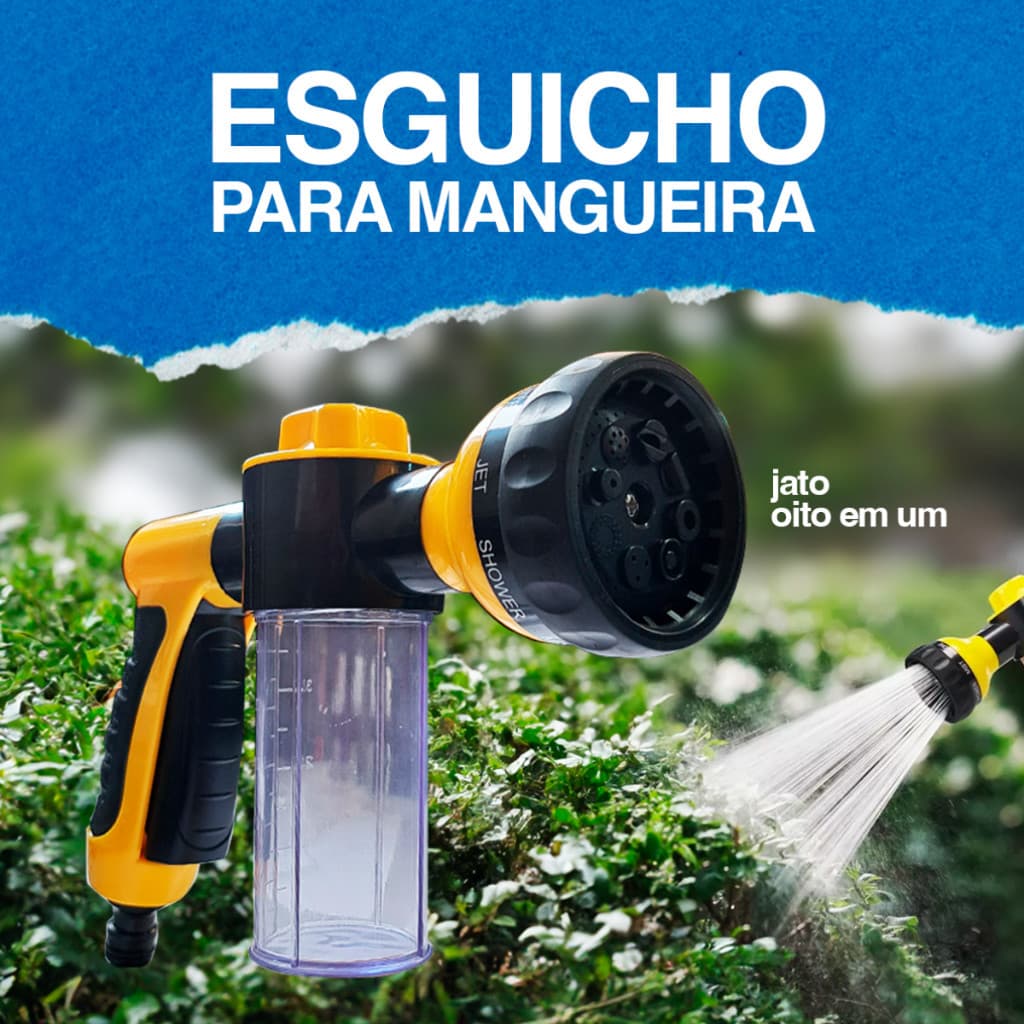 Esguicho para Mangueira 8 em 1 Com Reservatório Para Sabão 100ml Jato Ajustável Acessório Jardim