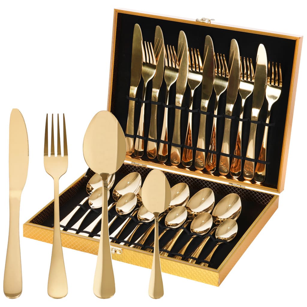 Maleta Jogo de Talheres Faqueiro Luxuoso Aço Inox Dourado 24 peças
