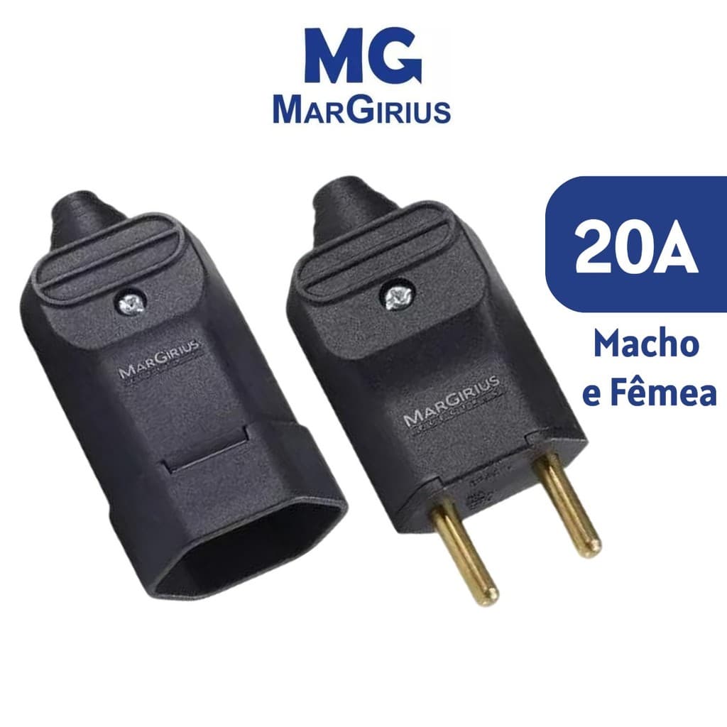 Adaptador 2 Pinos 20a Preto Margirius Pino Grosso Macho e Femea