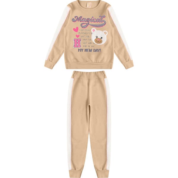 14706 - CONJUNTO INVERNO INFANTIL FEMININO CASACO MOLETOM COM RECORTE EM PELUCIA E CALCA MOLETOM COM RECORTE TAM 4 6 8
