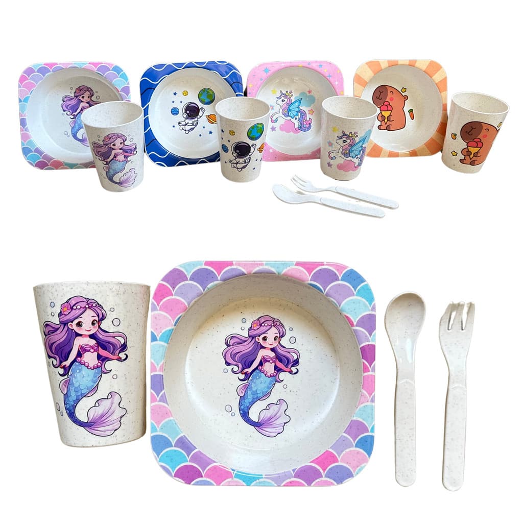 Conjunto Infantil Alimentação 4 peças talheres copo prato P/ Bebê Criança livre de bpa biodegradável