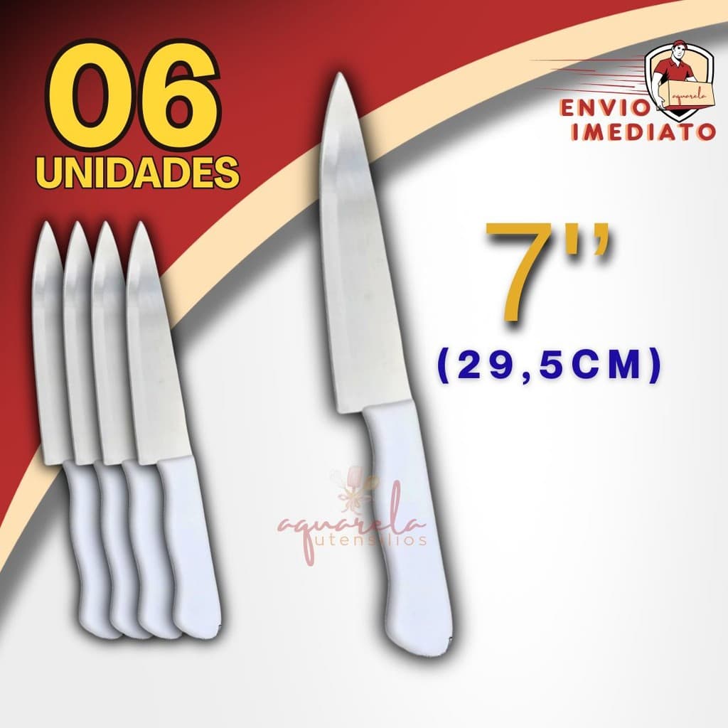 06 Faca De Cozinha Inox Profissional 7 Polegadas Do Chef Cabo Branco Antibacteriano 30CM
