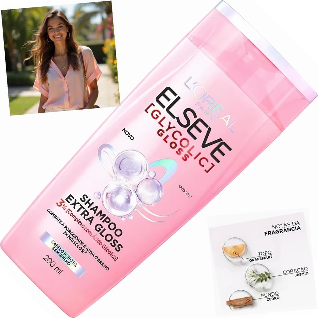 Shampoo Elseve Glycolic Gloss 200ml pH Ácido Brilho Gloss Limpeza Profunda Combate Porosidade
