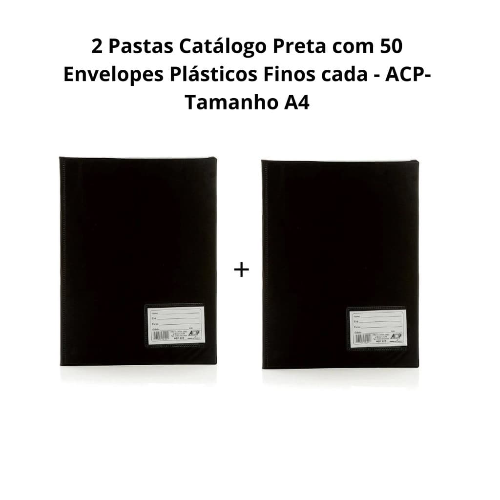 2 Pastas Catálogo Preta com 50 Envelopes Plásticos Finos cada - ACP- Tamanho A4