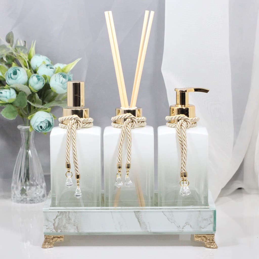 Kit Lavabo Dourado/Prata Vidro Bandeja Saboneteira Difusor