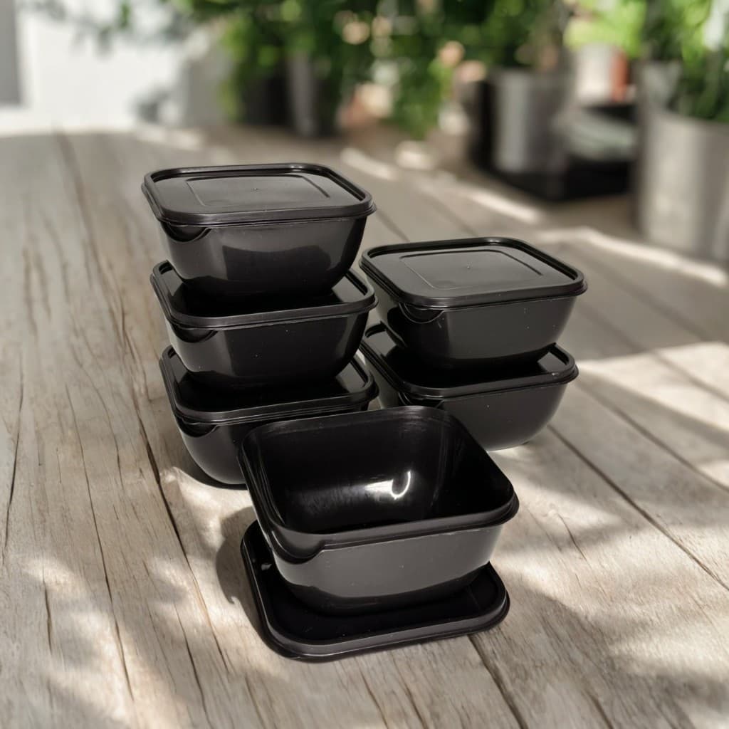 Kit 6 Potes Plásticos Marmita 1 Litro Vasilha Com Tampa Refeição Congelar Marmitex Preto Quadrado