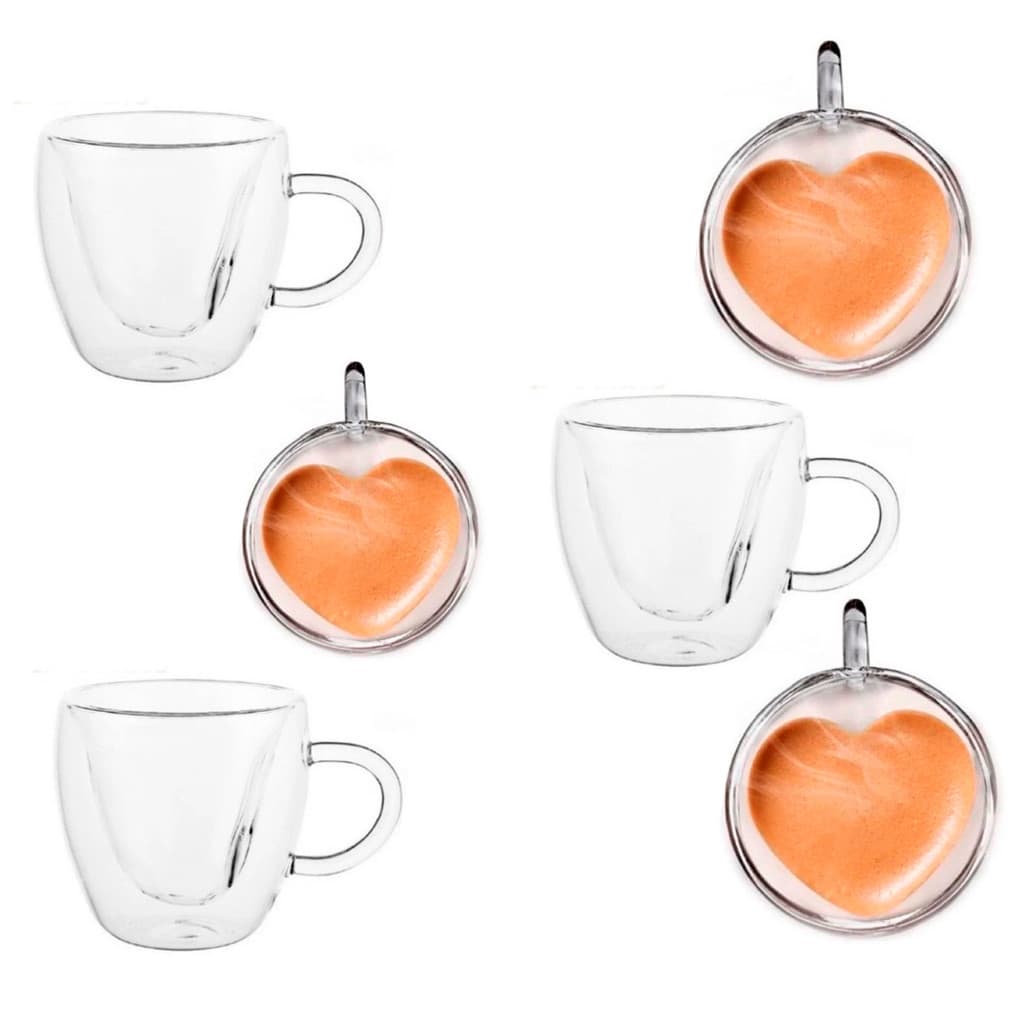 Jogo 6 Caneca Coração Parede Dupla 150ML Vidro Borossilicato