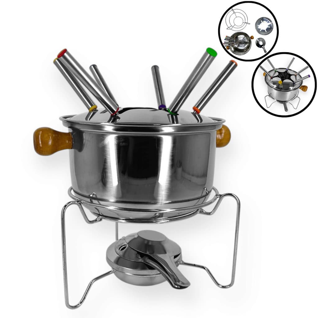 Aparelho Fondue Inox 10 Peças Berna – Wincy / Doce e Salgado / Fogareiro Caçarola / Cozinha 6 Garfos
