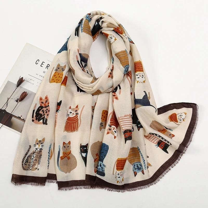 Moda Impressa Gato Franjas Xales Feminino Algodão Viscose Silenciador Viagem Proteção Solar Cachecol Animal Impresso