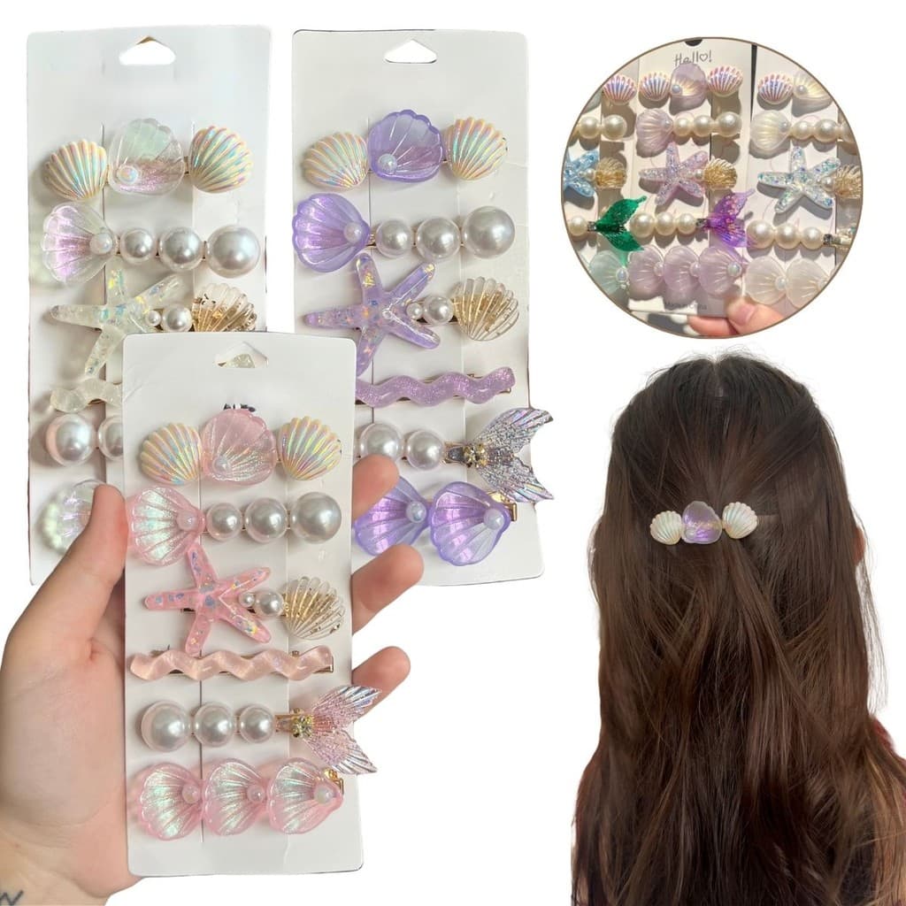 Kit 18 Presilhas Clip Para Cabelo Luxo Formato Conchas Mar Penteado Feminino