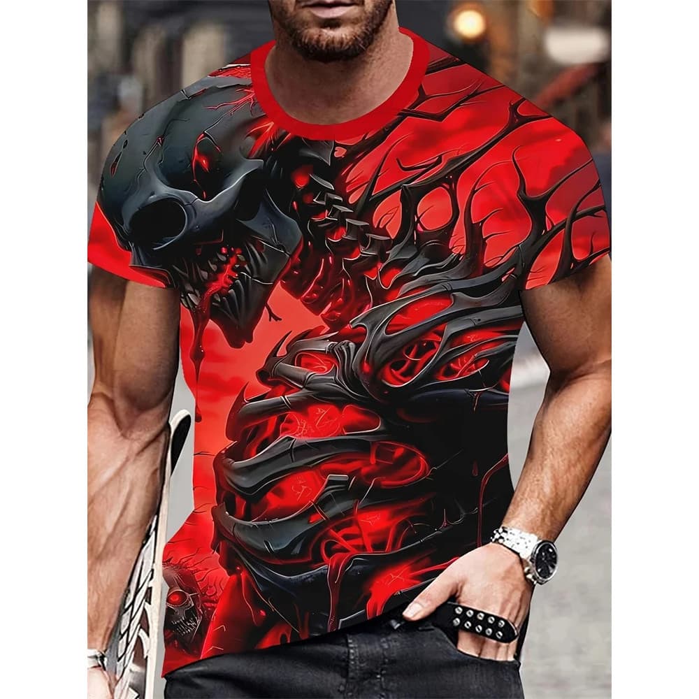 Camiseta Masculina Com Estampa De Caveira De Terror 3D Casual Confortável Gola Redonda Manga Curta Pulôver Top Roupas De