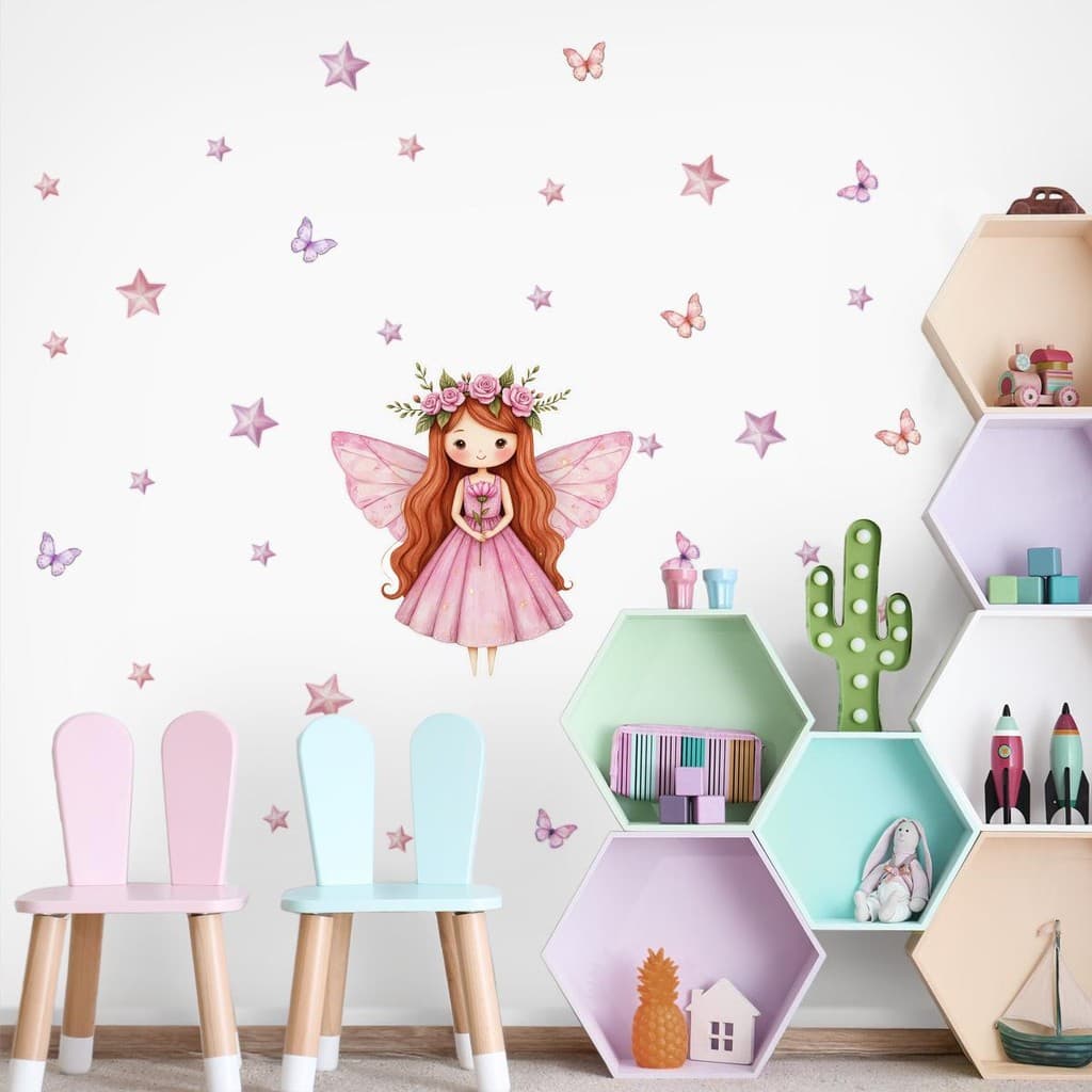 Kit Adesivos Infantil Fadas Lavável Seguro Criativo Fácil Aplicação Para Parede Quarto Menina