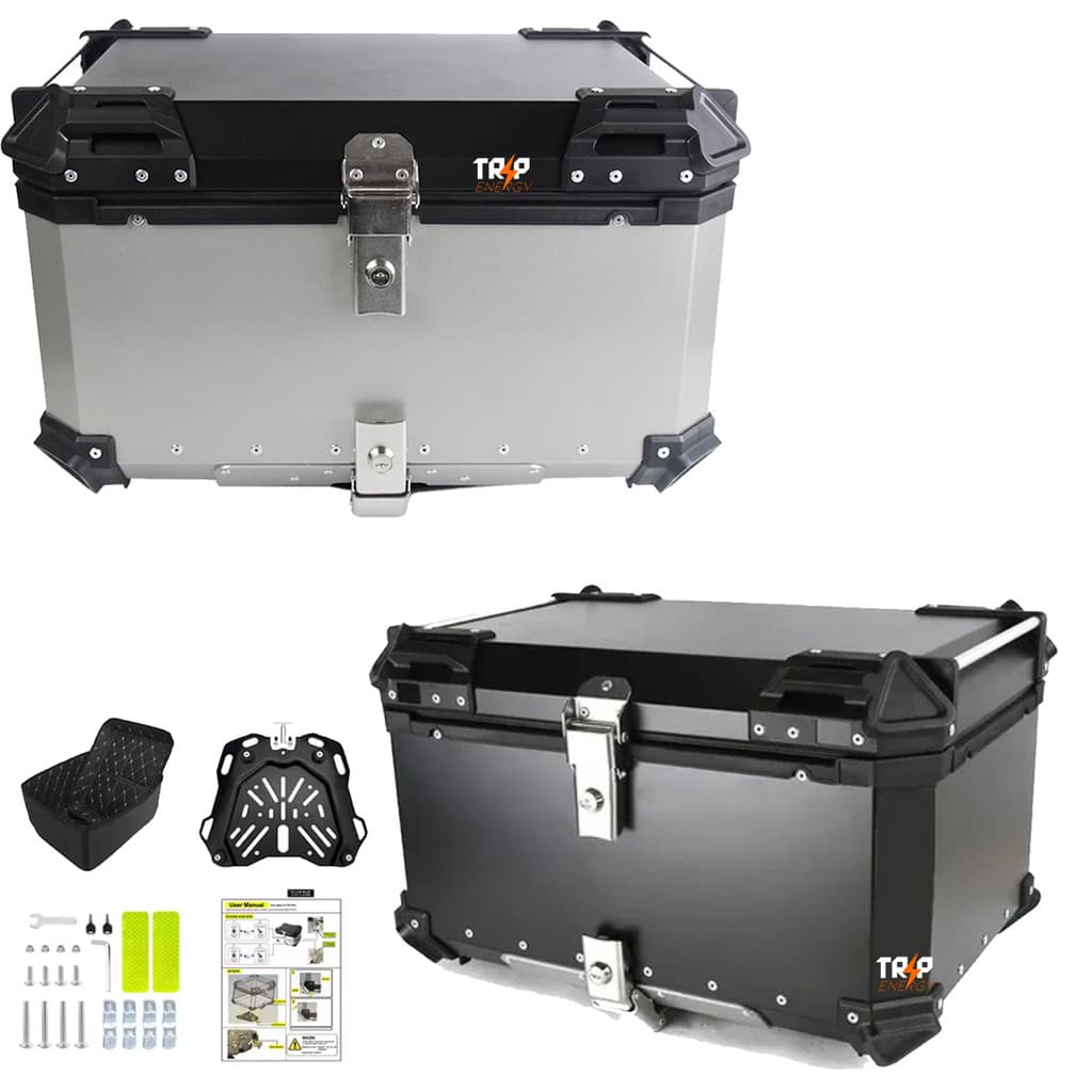 Bauleto 65L Reforçado Moto Viagem Top Case Alumínio Universal Forro Preto ou Prata Com Trava Segurança Baú Grande