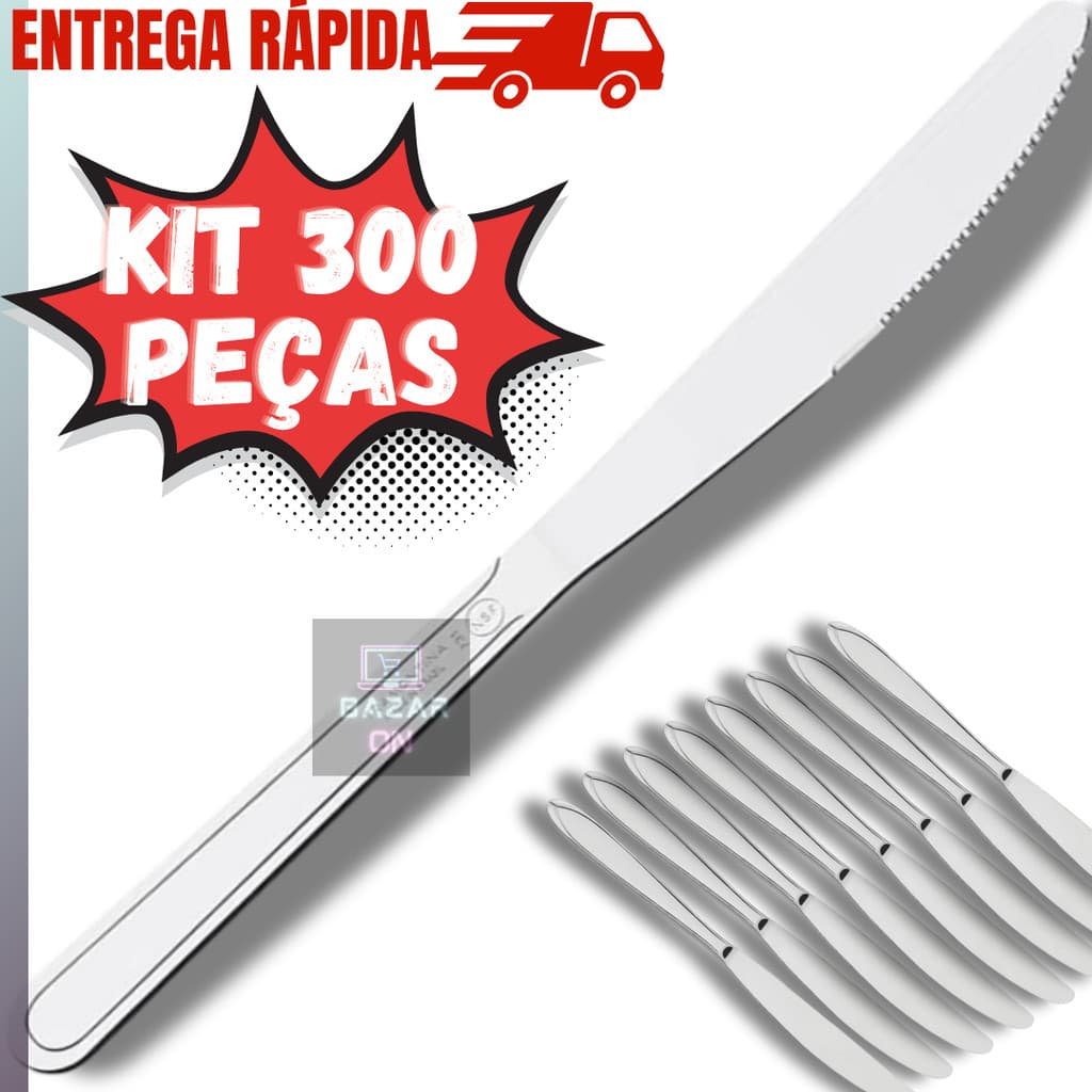 Kit Jogo 300 Facas Mesa Churrasco Aço Inox Com Serra Ponta Conjunto Jantar Almoço Restaurante Hotel