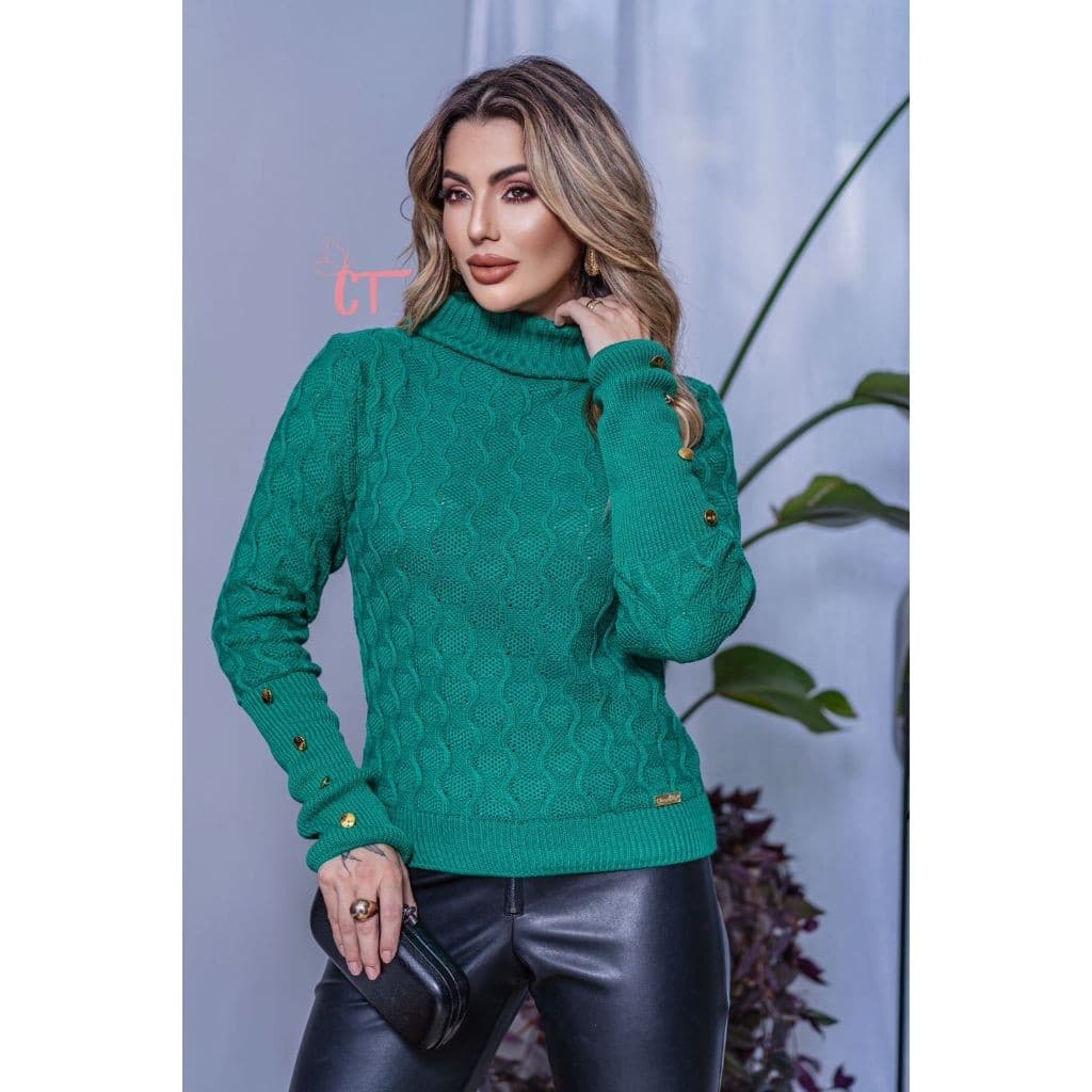 Blusa Tricot Mavie Gola Alta Manga Comprida Com Detalhes Botão Moda Feminia Tendencia Inverno