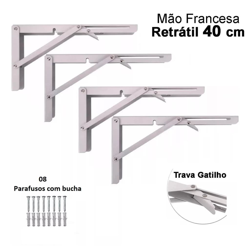 Kit 4 Suportes Mão Francesa Cantoneira Dobrável Retrátil Reforçada Prateleira Mesa 40cm