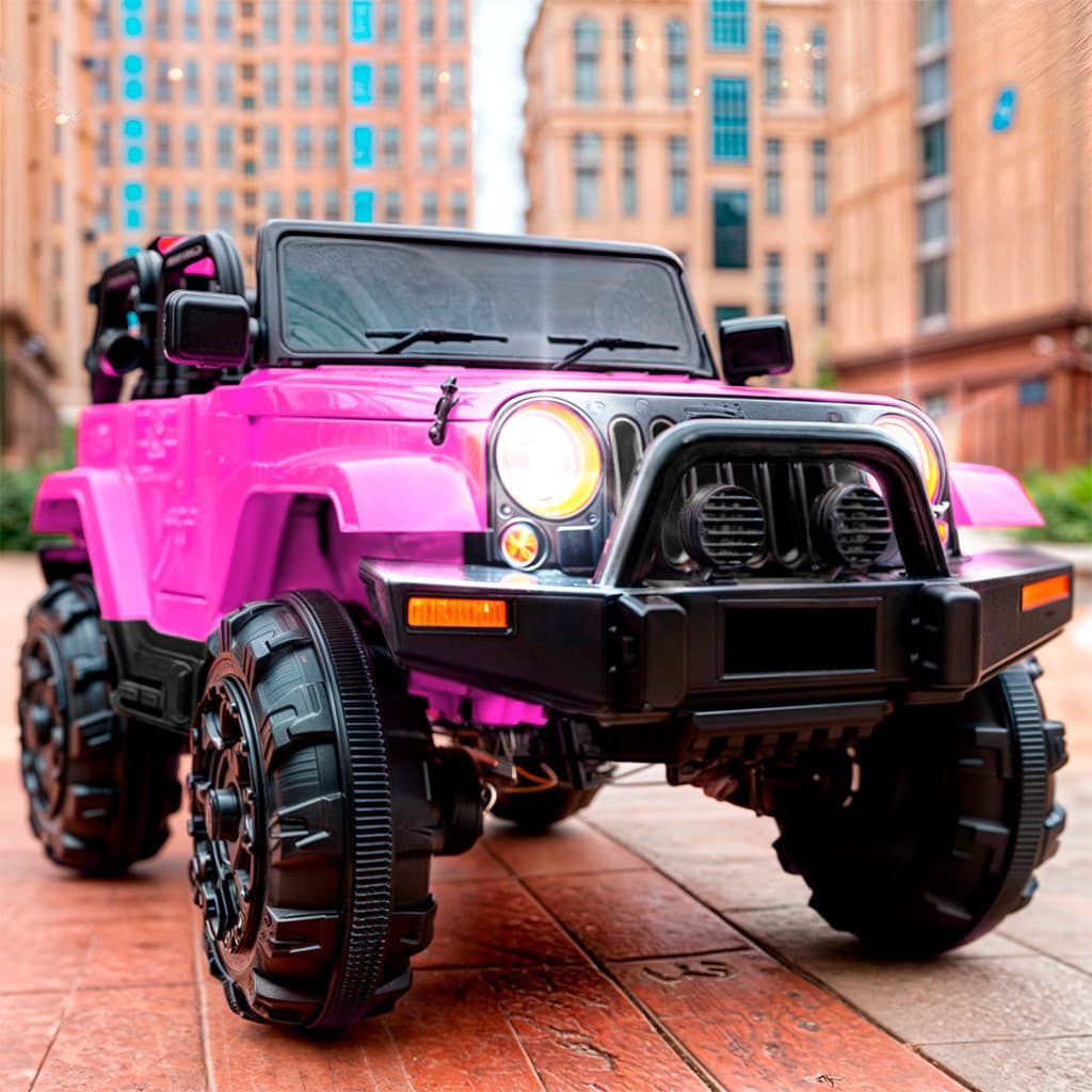 Carro eletrico jeep infantil 12V Rosa c/ controle remoto musica e farol que ascende para criança