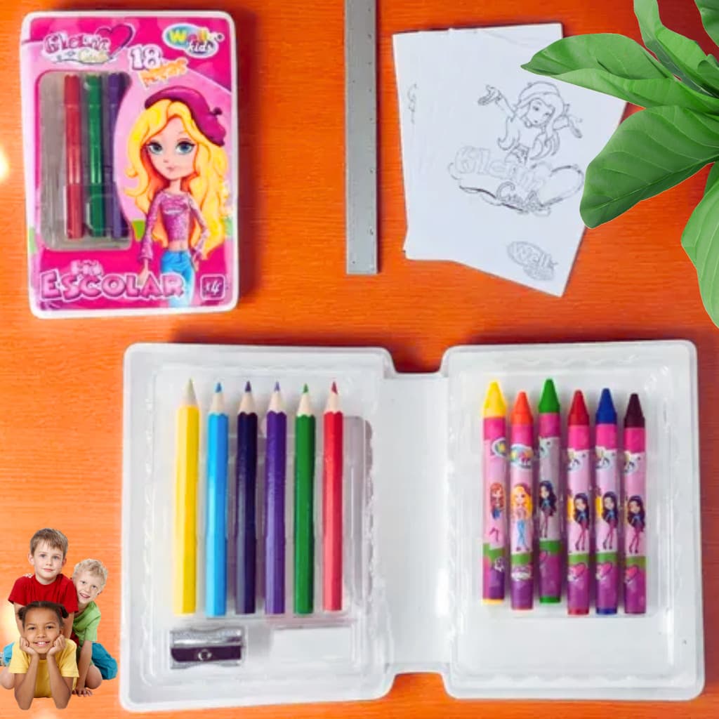 Estojo Infantil Escolar Glam Girl  Crianças Educativo Giz Lápis Borracha Apontador Colorir Pintura Desenho 18 Peças