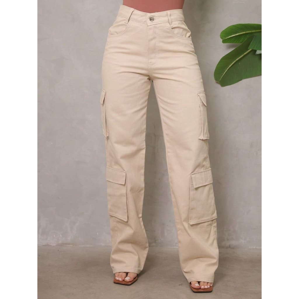 Calça Cargo Jeans Feminina Wide Leg 4 Bolsos