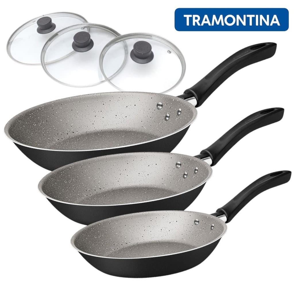 Jogo de Frigideiras Tramontina Antiaderente Linz Pretas Interno Cinza e Tampas de Vidro - 3 peças