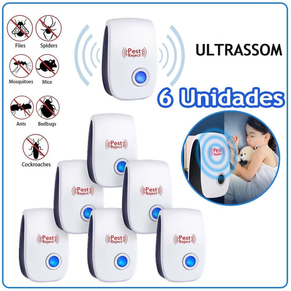 KIT 6 Repelente Eletrônico Ultrassônico Mosca Pernilongos Baratas Morcegos Repele E Espanta Ratos Bivolt