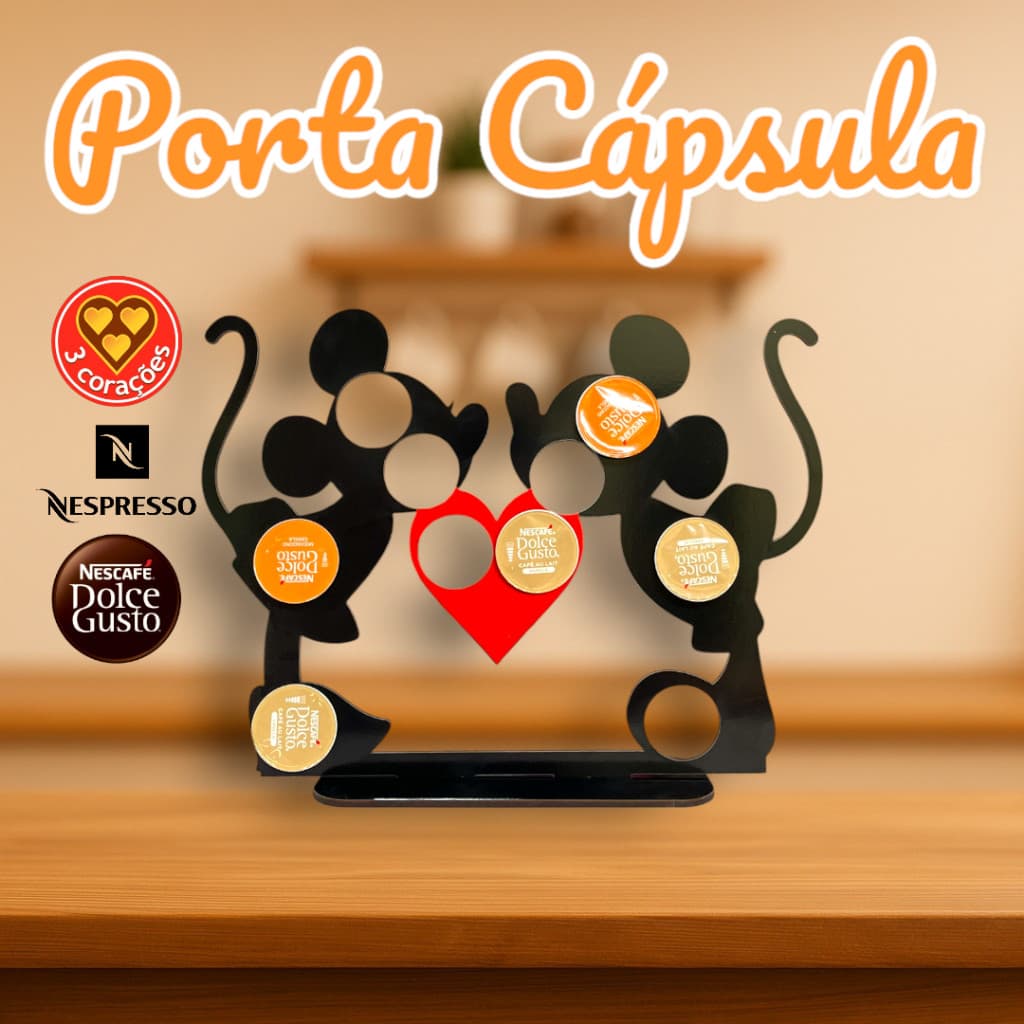 Porta Cápsulas Mickey e Minnie em MDF – Suporte para Nespresso, Dolce Gusto ou Três Corações