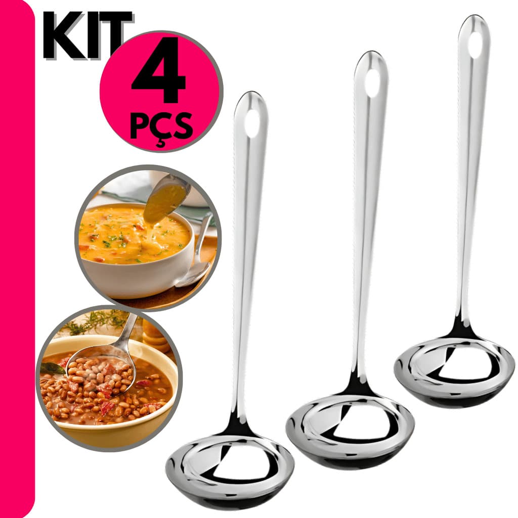 KIT 4 Concha de Feijão Aço Inox Resistente para Servir Molho Feijão Sopa Casa Restaurante Buffet