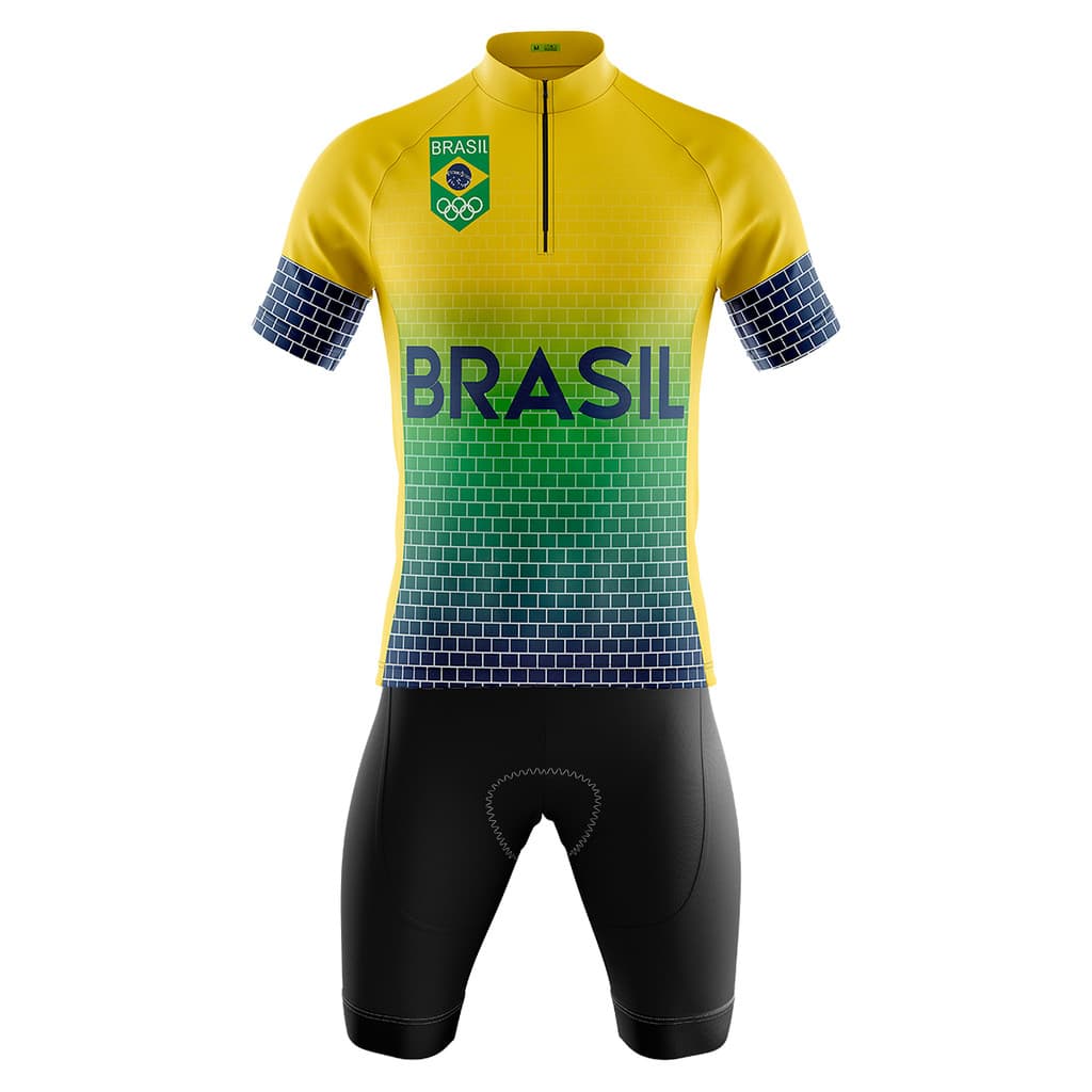 CONJUNTO CICLISMO MASCULINO BERMUDA E CAMISA BRASIL COM BOLSOS UV 50+
