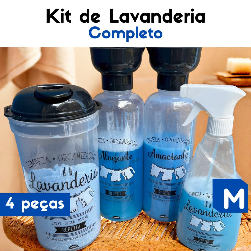 Kit Lavanderia Completo Borrifador Porta Sabão em Pó Porta Amaciante e Alvejante