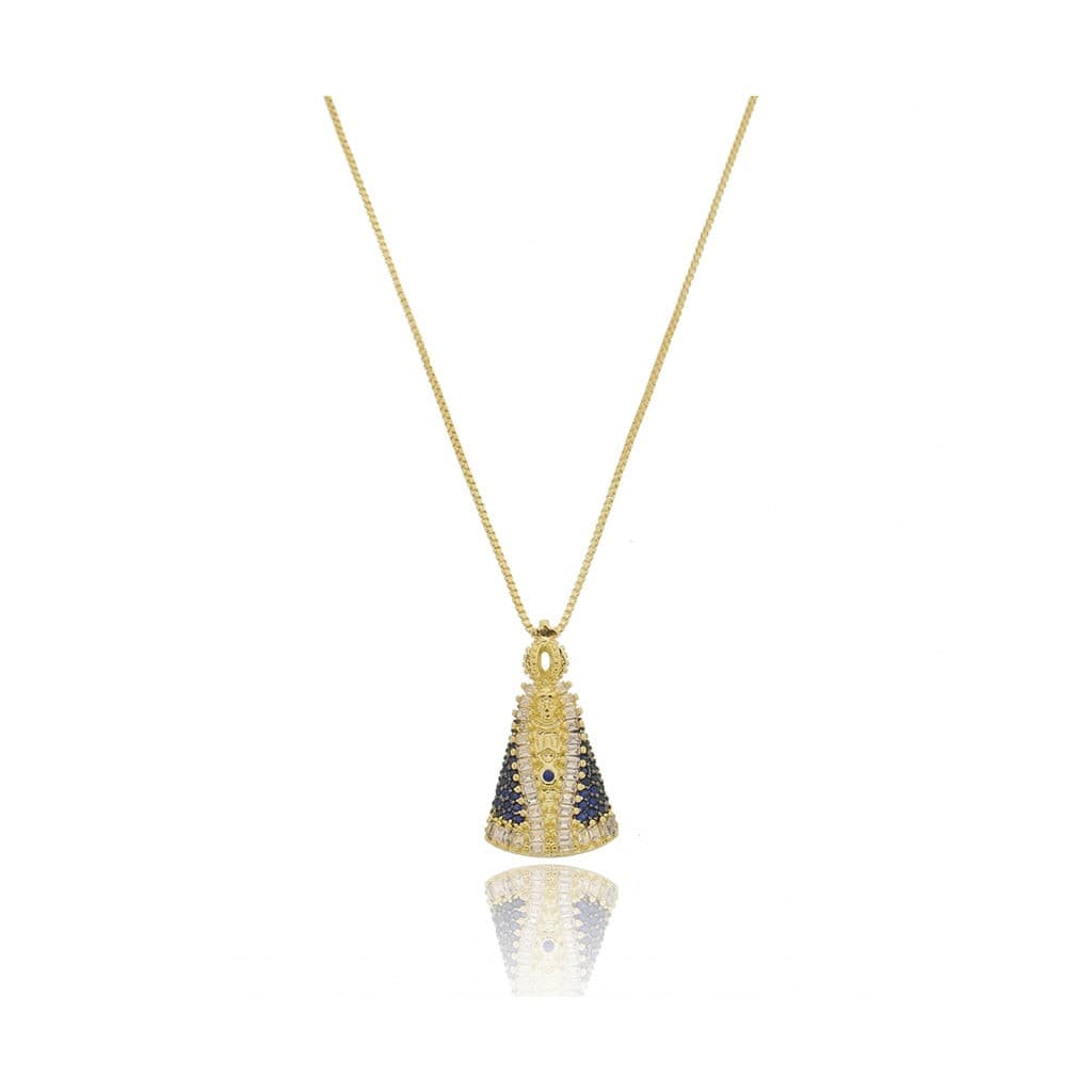 Colar Pingente N. S. Aparecida Cravejada Zircônia Safira -  Banhada a Ouro 18k