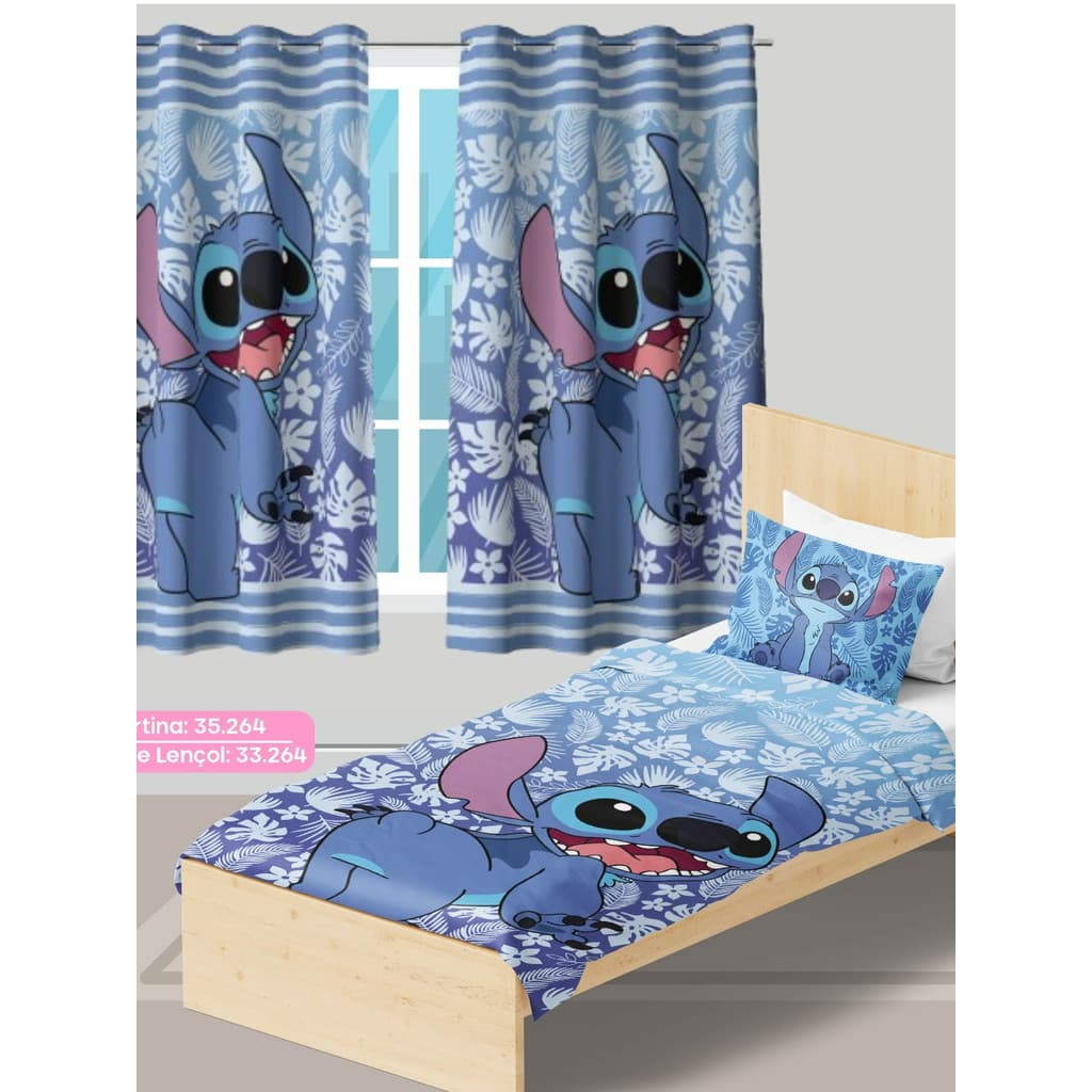 Jogo Quarto Infantil Cortina Infantil + Jogo Lençol Colcha Solteiro 3 Peças Lilo Stitch