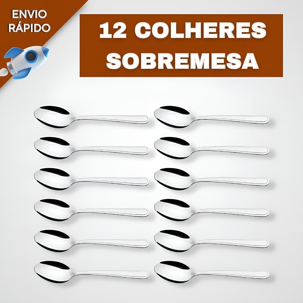 Jogo de Talheres 12 peças de Colheres De Sobremesa Em Aço Inox Mesa Cozinha Jantar