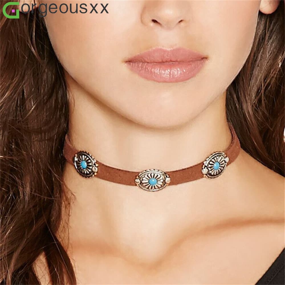 Boêmio Verde Pedra Natural Flanela Gargantilha Colares Vintage Marrom Ajustável Jóias Femininas