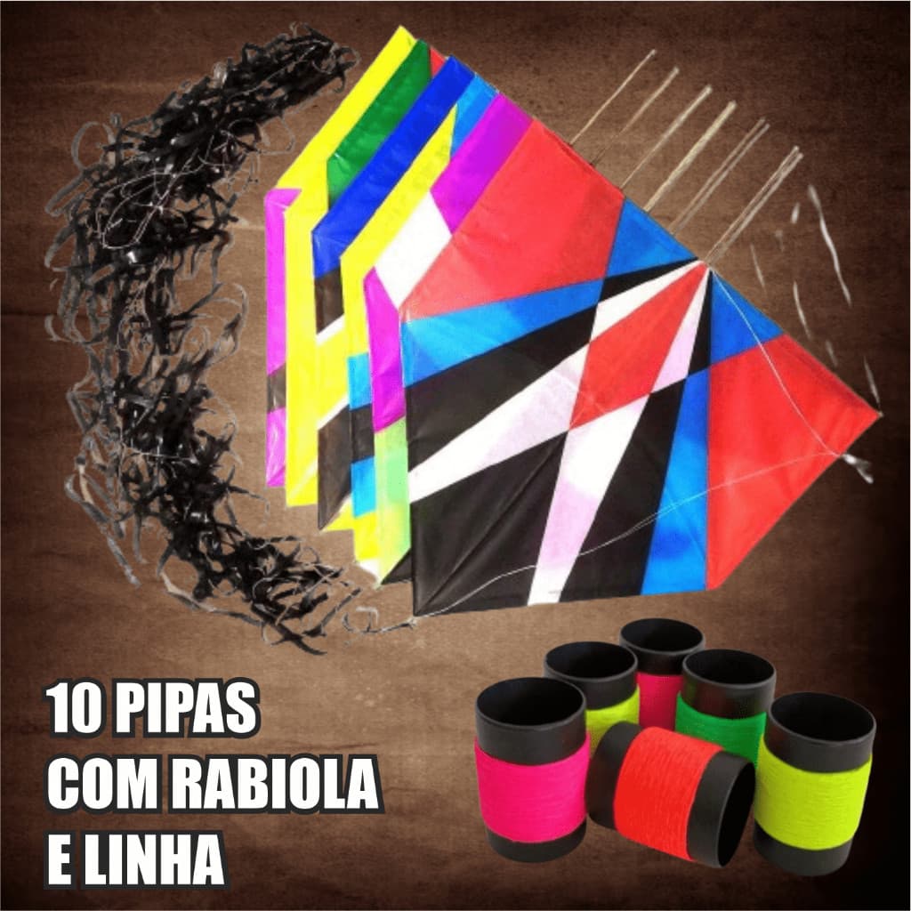 Kit 10 Pipas com Rabiola e Linha de 100 Metros Completo Empinar Criança Diversão Colorida