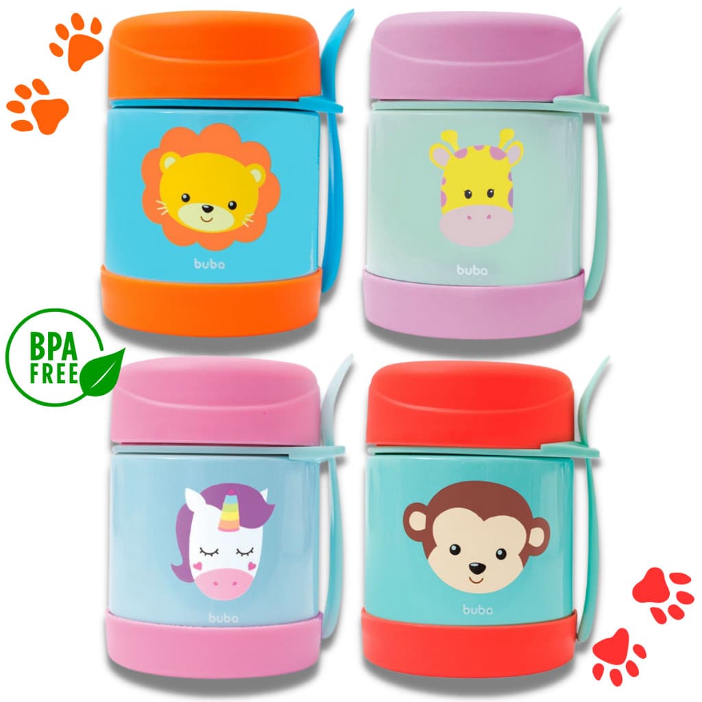 Pote Térmico Infantil Animal Fun Buba 320ml com Colher Leve e Seguro para Passeios, Viagens e Escolinha