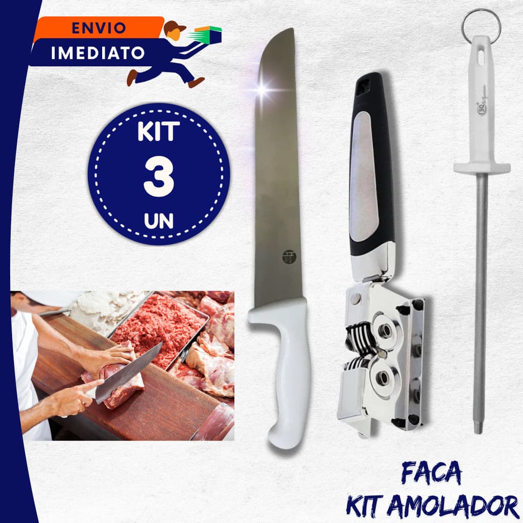 JOGO 03 un Faca 37,8 cm 10" Linha Top Amolador Chaira Chef Profissional Restaurantes Açougueiros Utilidades Inox Premium