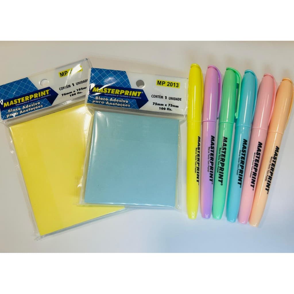 Kit bloco adesivos + marca textos em tons pasteis masterprint