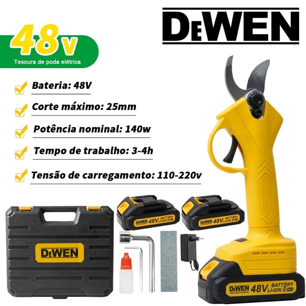 Tesoura de poda elétrica sem fio com 2 baterias de 48V, indicada para tesouras de poda para agricultura, jardim e horta