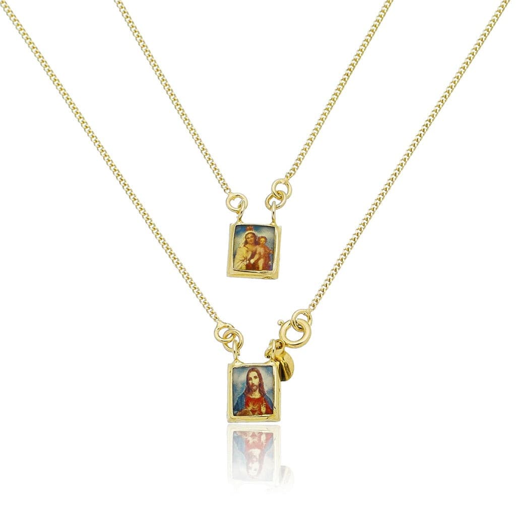 Escapulário 45cm Sagrado Coração E N. S. Do Carmo Em Resina Colorida - Prata Banhado A Ouro 18k