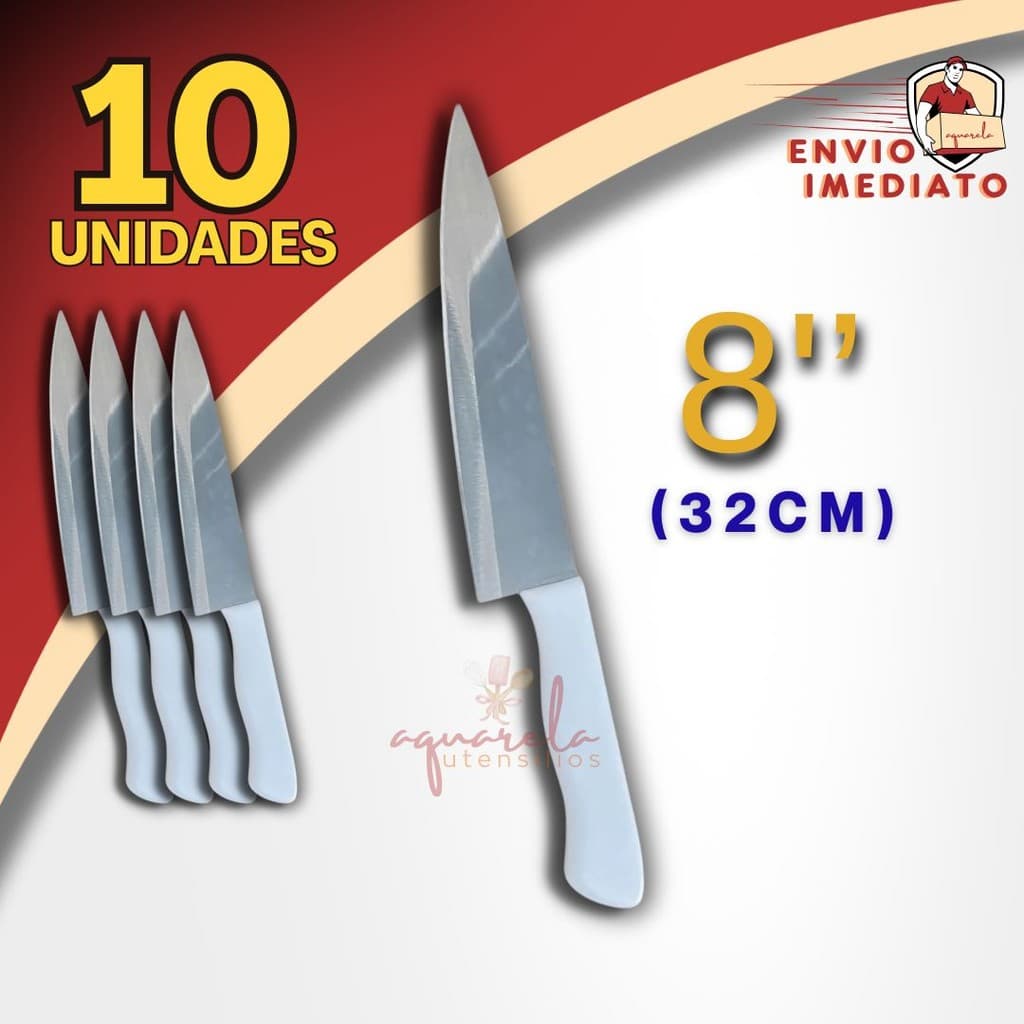 Kit 10 Faca De Cozinha Inox Profissional 7 Polegadas Do Chef Cabo Branco Antibacteriano 30CM