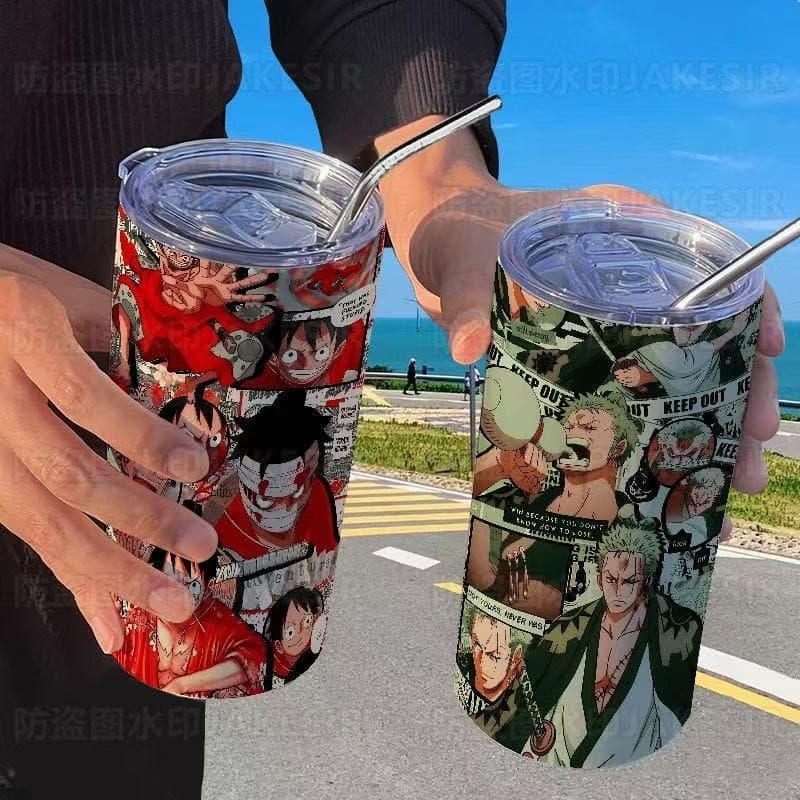 Copo térmico One Piece Zoro Luffy com canudo, copo casual para café, copo térmico portátil de aço inoxidável com canudo.