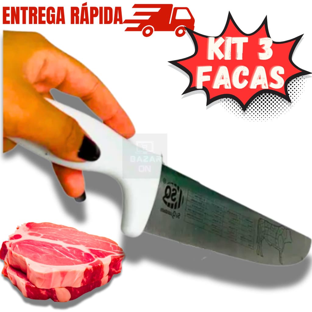 Kit 3 Facas Profissional Açougueiro Amolada Cozinha 8” Corte Carne Churrasco Peixe Afiada Cabo Branco Em Aço Inox