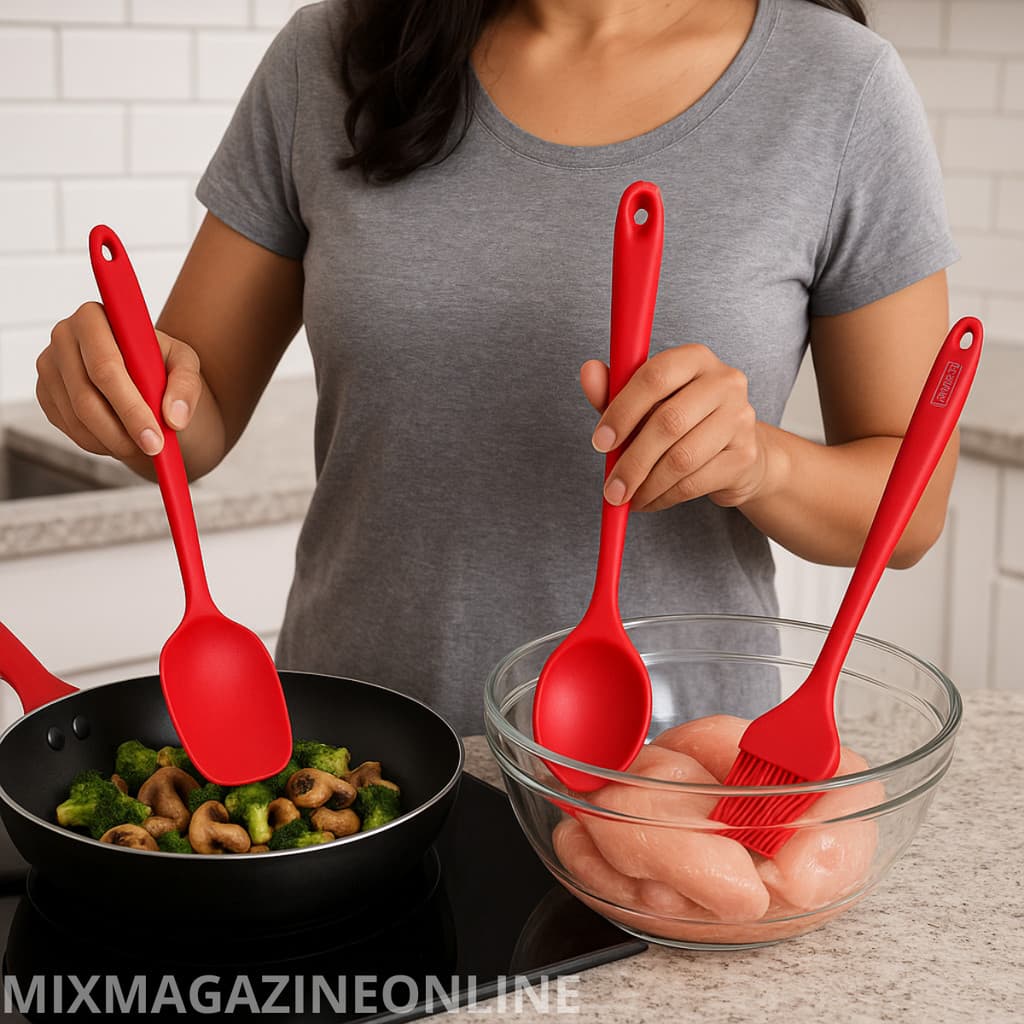 Jogo com Espátula Multiuso + Pincel Culinário + Colher Cabo Longo de Silicone Kit com 3  acessórios Culinários Vermelho