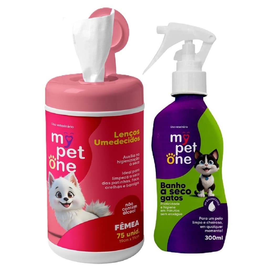 Kit Banho a Seco Gatos + Lenço Umedecido Gatos Fêmea Mypetone