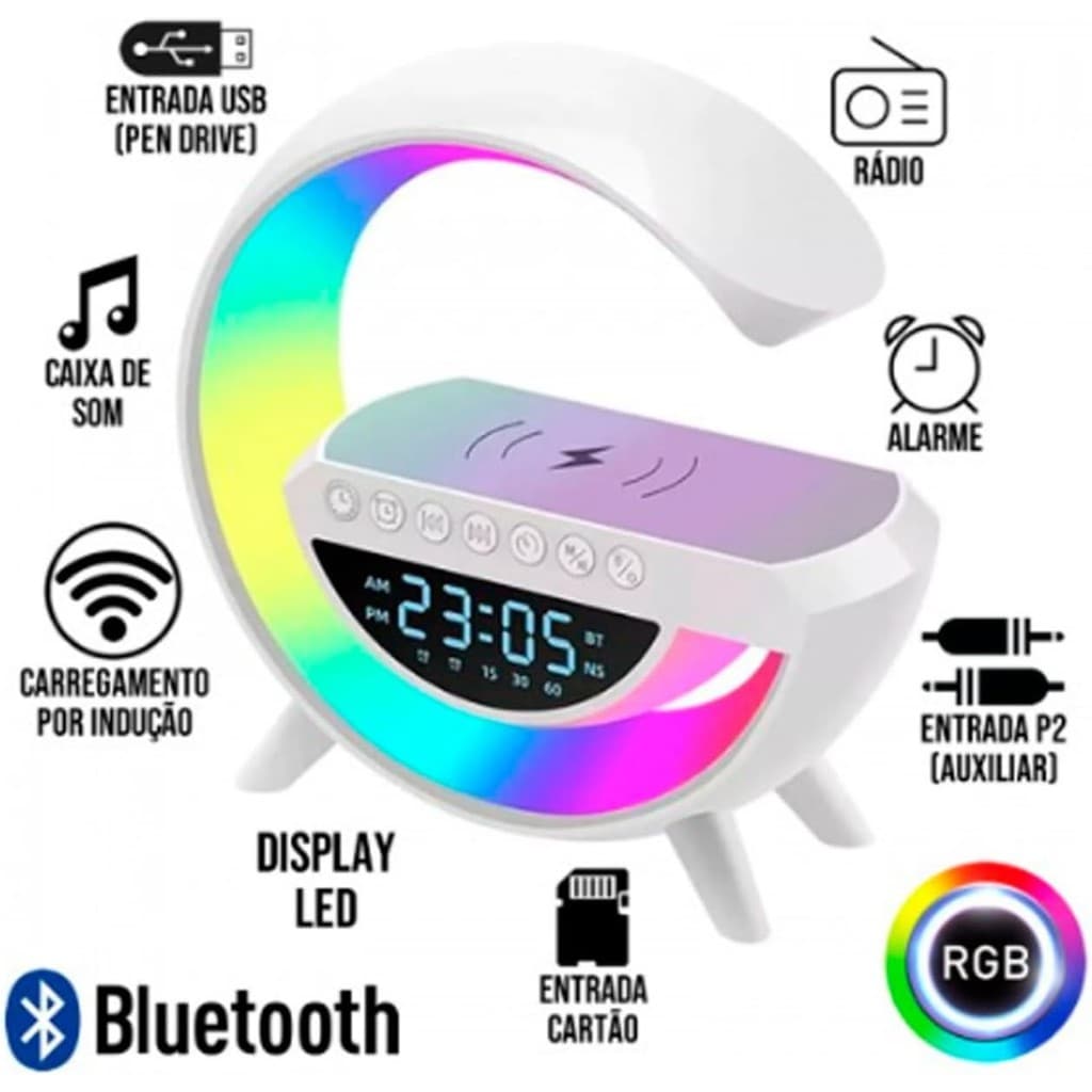 G Speaker Luminária de Mesa Rgb Caixa De Som Carregador Por Indução Despertador Rádio Relógio