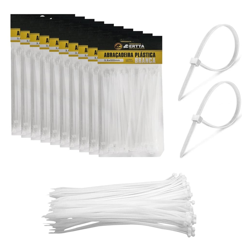 1000 Enforca Gato Cinta Plástica Abraçadeira Lacre de Nylon 3.6x100mm Fita Hellerman 10cm Branco